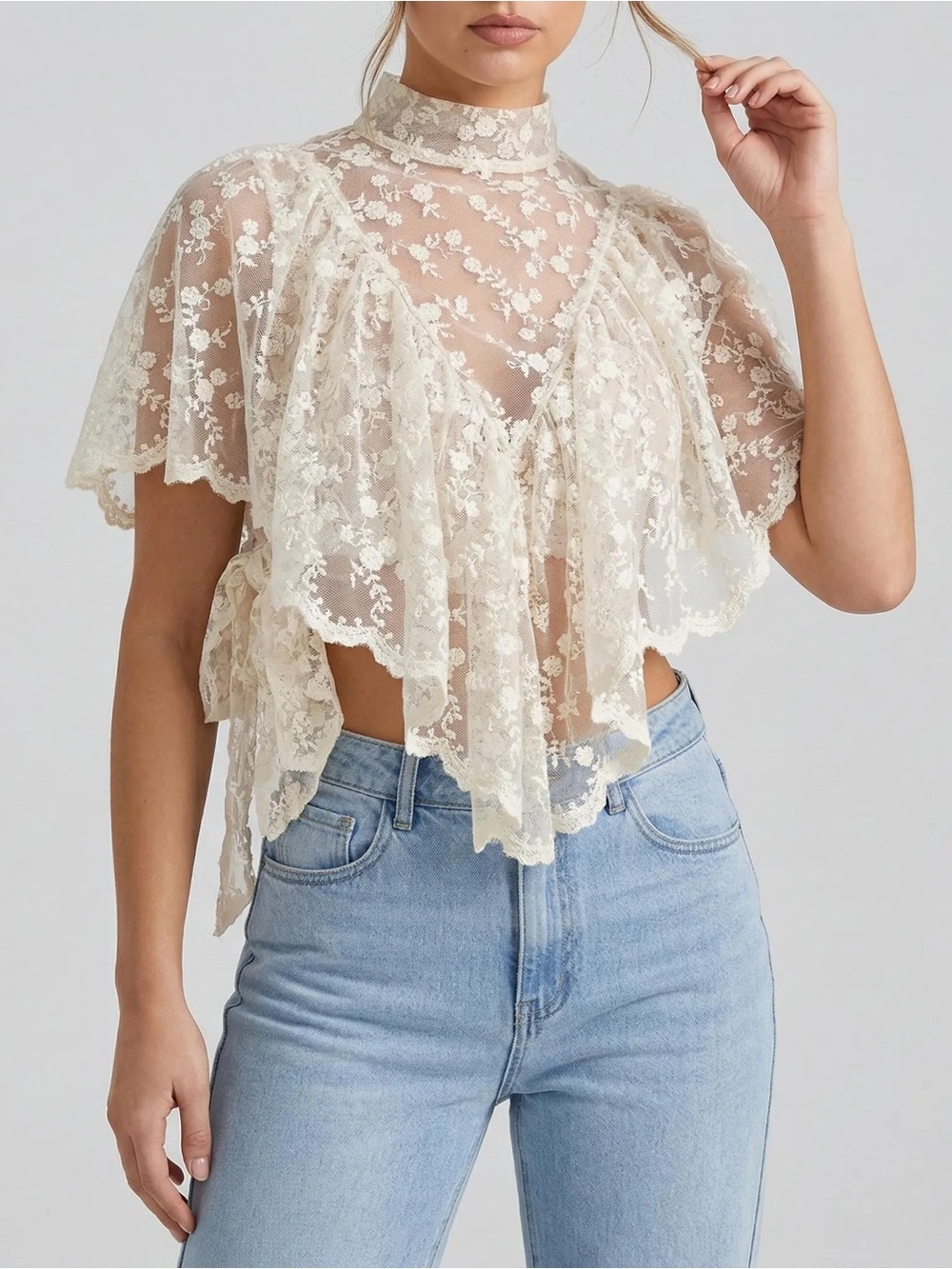 Vintage Cream Lace Ruffle High-Neck Crop Top